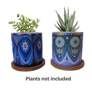 Succulent Pots 3 inch Mandala Boho Blue Ceramic with Bamboo Trays 2 Pcs Set